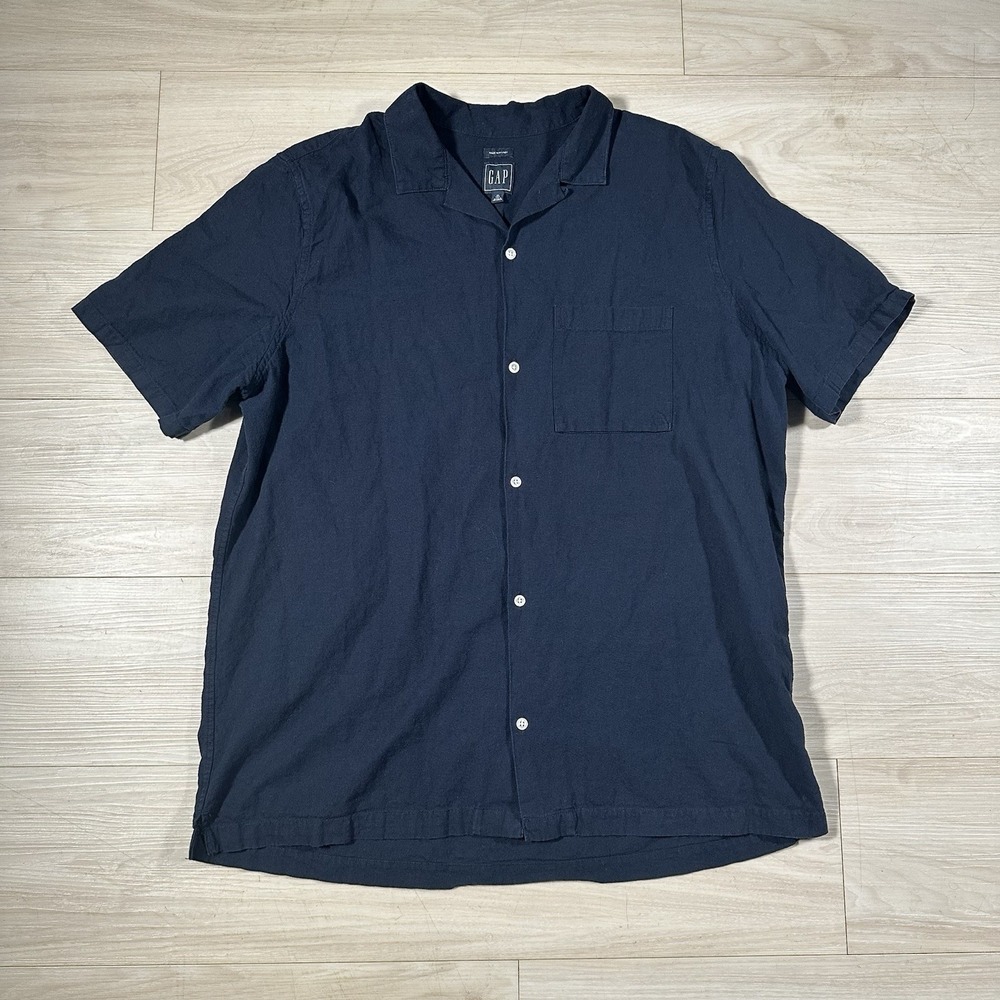 Gap Linen Blend Shirt Mens XL Tall Black Standard Fit Short Sleeve Pocket Summer